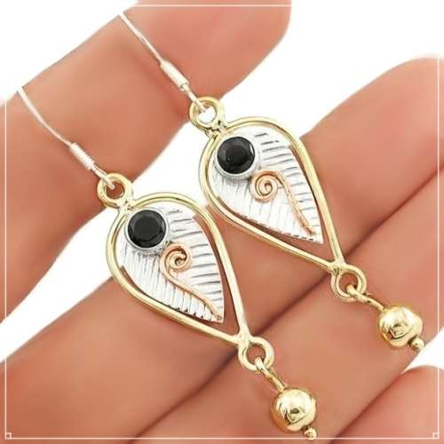 Two Tone  Natural Black Tourmaline Gemstone set in Solid .925 Sterling Silver Drop Dangle Earrings