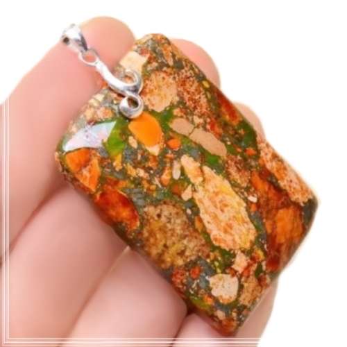 Natural Orange Copper Turquoise Rectangle Gemstone set with Solid .925 Sterling Silver Pendant