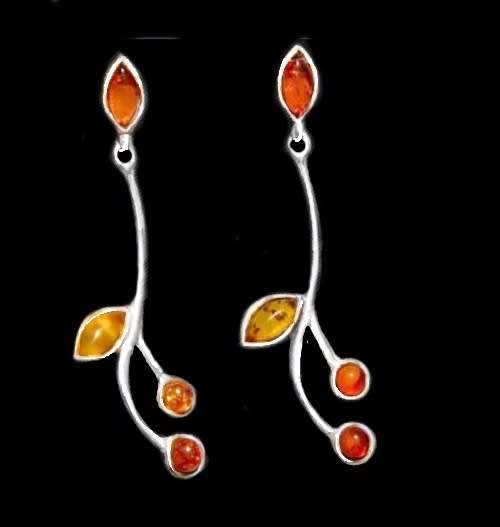 Genuine Baltic Amber set in Solid .925 Sterling Silver Modern Leaf Like Stud Earrings