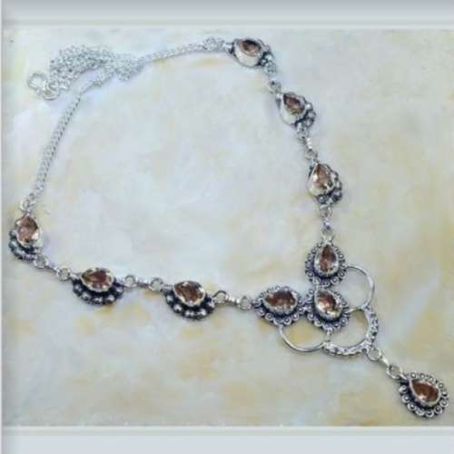 Feature Piece Faceted Peach Quartz Gemstone .925 Sterling Silver Necklace