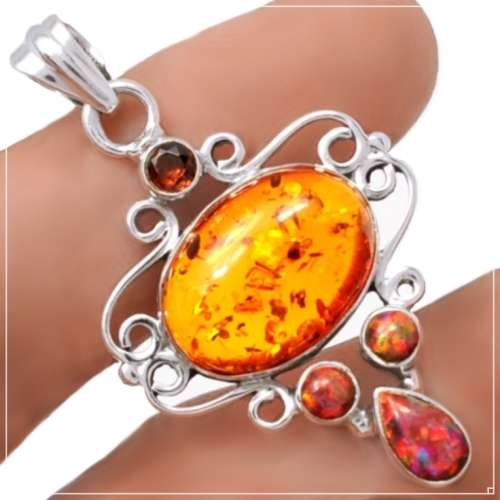 STUNNING PIECE GENUINE BALTIC AMBER, FIRE OPAL IN SOLID .925 SILVER PENDANT