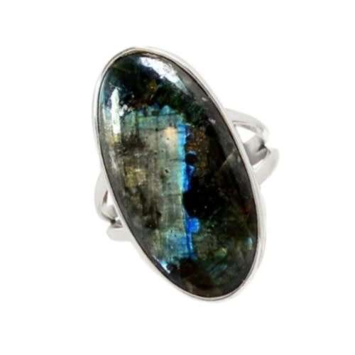 NIGHT SKY NATURAL LARVIKITE -BLACK MOONSTONE GEMSTONE SOLID .925 SILVER RING Size 8 /Q