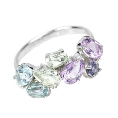 Natural Green/ Purple Amethyst Blue Topaz Gemstones Solid .925 Sterling Silver Ring Size 9 / R1/2