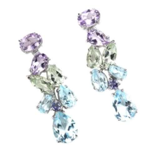 TRULY EXQUISITE GENUINE GREEN/ PURPLE AMETHYST, BLUE TOPAZ GEMSTONE  .925 SILVER EARRINGS