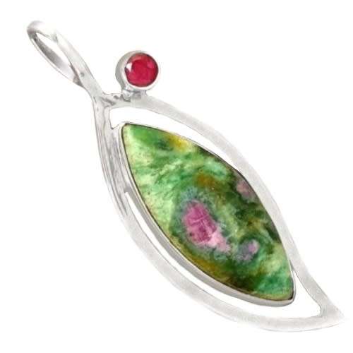 REMARKABLE RUBY IN FUCHSITE PENDANT, RUBY SET IN SOLID .925 STERLING SILVER