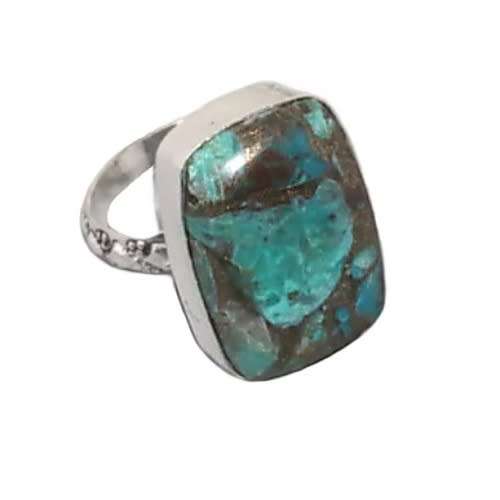 BEAUTIFUL COLOURS NATURAL COPPER CHRYSOCOLLA GEMSTONE 925 STERLING SILVER  SIZE 7.75