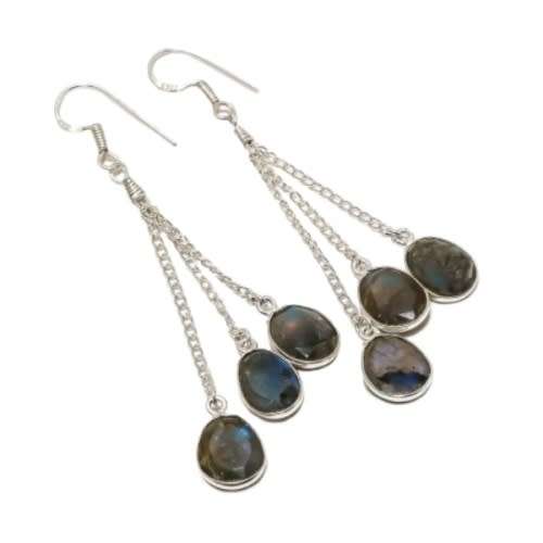 FANTASTIC NATURAL FIERY LABRADORITE .925 SILVER EARRINGS