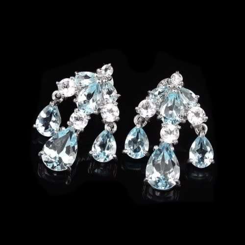 DAZZLING ELEGANT SWISS BLUE TOPAZ, CZ GEMSTONE SOLID .925 STERLING SILVER EARRINGS