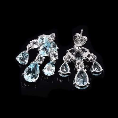 DAZZLING ELEGANT SWISS BLUE TOPAZ, CZ GEMSTONE SOLID .925 STERLING SILVER EARRINGS