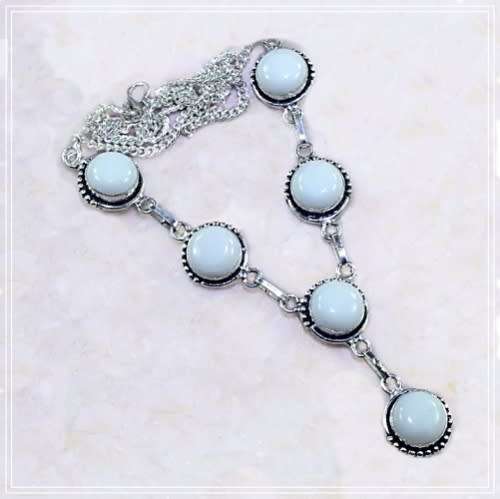 White Jade Round Gemstones set in. 925 Sterling Silver Handmade Necklace