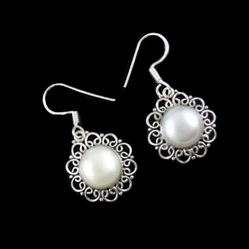 Sophisticated Natural Freshwater White Pearl , Solid .925 Sterling Silver Earrings