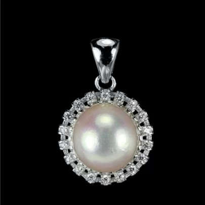 Deluxe Natural White Pearl And AAA White CZ in Solid .925  Sterling Silver 14K White Gold Pendant