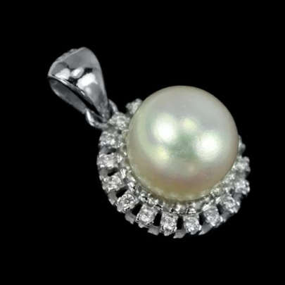 Deluxe Natural White Pearl And AAA White CZ in Solid .925  Sterling Silver 14K White Gold Pendant