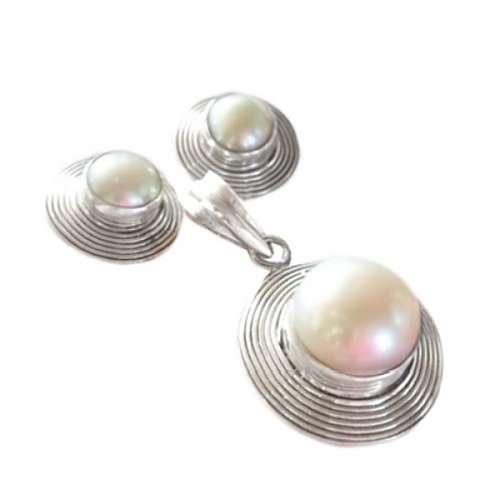 Natural White Pearl set in Solid .925  Sterling Silver Pendant and Earrings Set