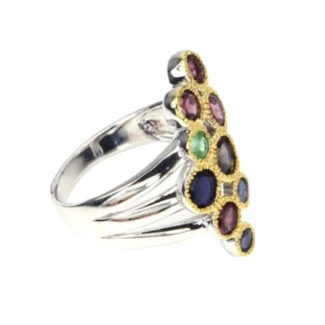 Natural Iolite, Emerald Garnet Sapphire Two Tone Solid .925 Sterling Silver Ring Size 9 or R 1/2