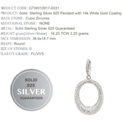 Elegant Italian Design AAA White Cubic Zirconia set in Solid .925 Sterling Silver White Gold Pendant