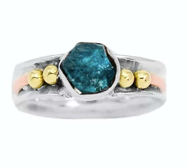 TWO TONE NATURAL NEON BLUE APATITE SOLID .925 STERLING SILVER RING SIZE 9