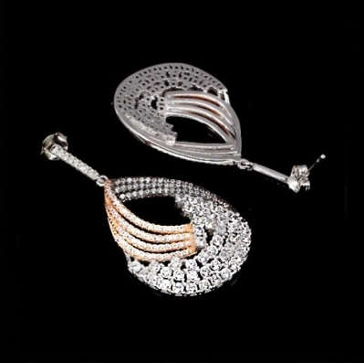 Deluxe Diamond Cut AAA White Cubic Zirconia Two Tone Solid .925 Sterling Silver 14K Rose Earrings