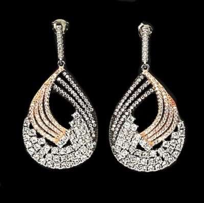 Deluxe Diamond Cut AAA White Cubic Zirconia Two Tone Solid .925 Sterling Silver 14K Rose Earrings
