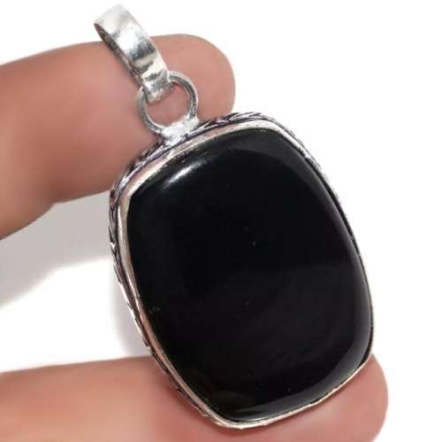 Handmade Black Onyx Rectangle set in 925 Sterling Silver Plated Pendant