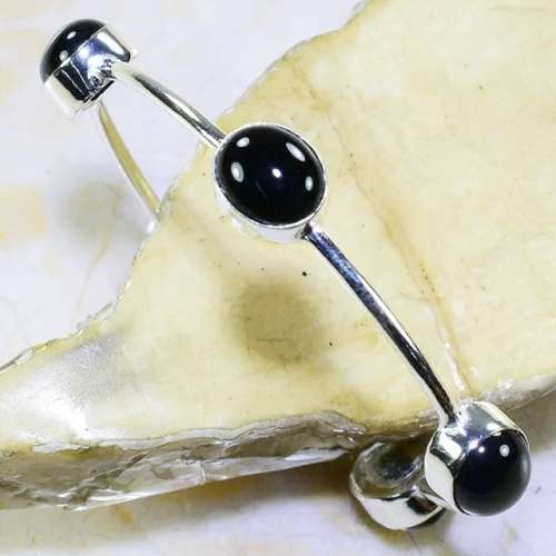 Black Onyx Round Gemstones set in .925 Sterling Silver Plated Handmade Modern Bangle
