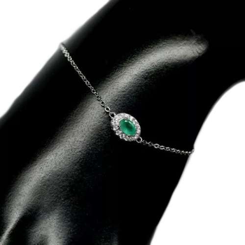 Natural Zambian Emerald, AAA White CZ in Solid .925 Sterling Silver 14K White Gold Bracelet