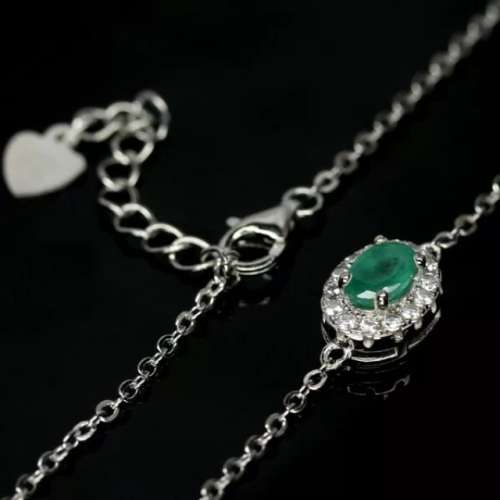 Natural Zambian Emerald, AAA White CZ in Solid .925 Sterling Silver 14K White Gold Bracelet