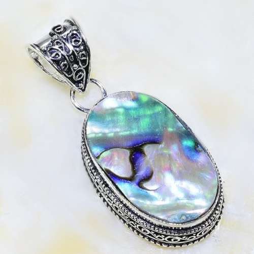 Natural New Zealand Abalone Paua Shell in Antique Style 925 Sterling Silver Plated Handmade Pendant
