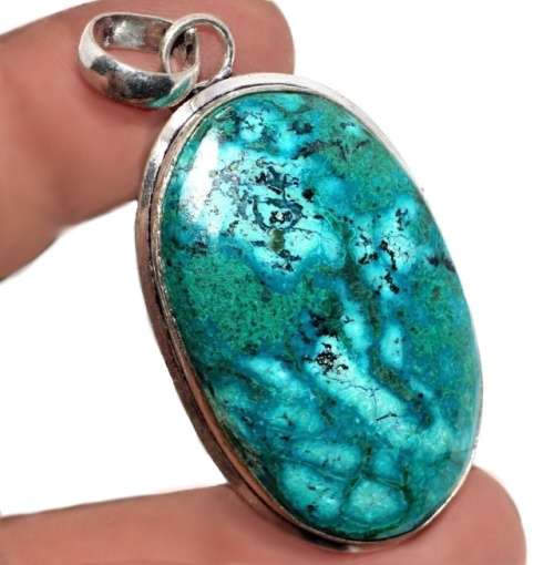 Natural Chrysocolla Malachite Oval Gemstone in.925 Sterling Silver Plated Handmade Pendant