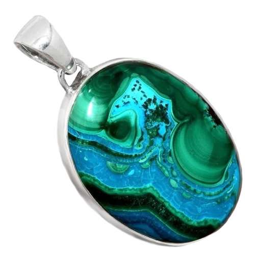 NATURAL MALACHITE IN CHRYSOCOLLA GEMSTONE  SOLID. 925 SILVER PENDANT
