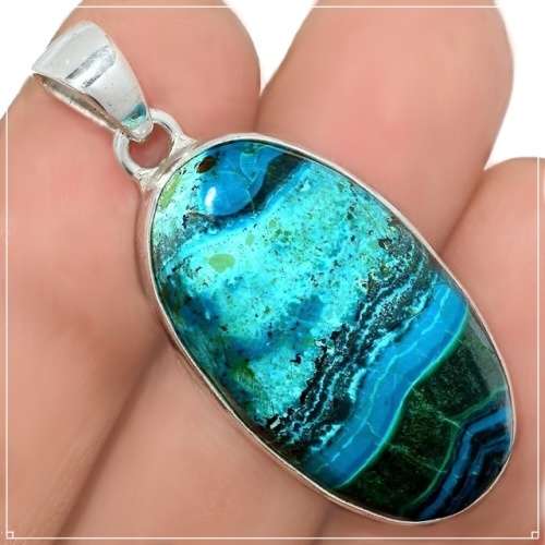 Natural Malachite in Chrysocolla Oval Gemstone set in Solid. 925 Sterling Silver Pendant