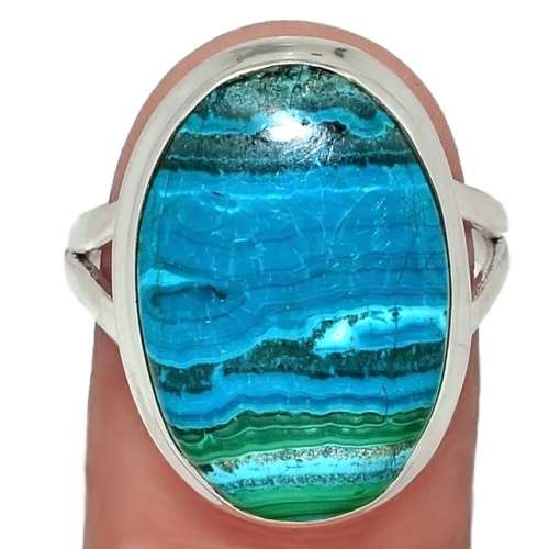 Natural Malachite in Chrysocolla Oval Gemstone set in  Solid. 925  S/Silver Ring Size US 8.5 or Q1/2