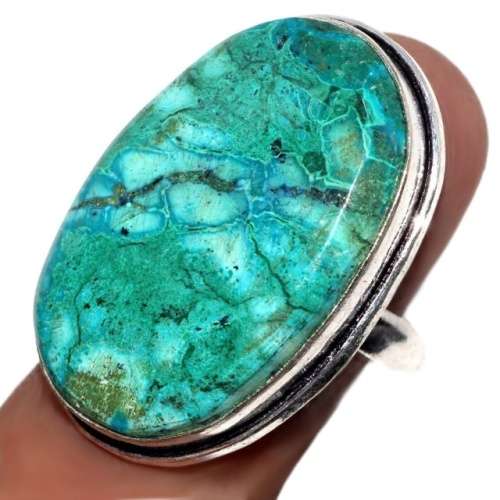 Natural Malachite in Chrysocolla Oval Gemstone set in .925 Sterling Silver Plated Ring US 9 or R1/2