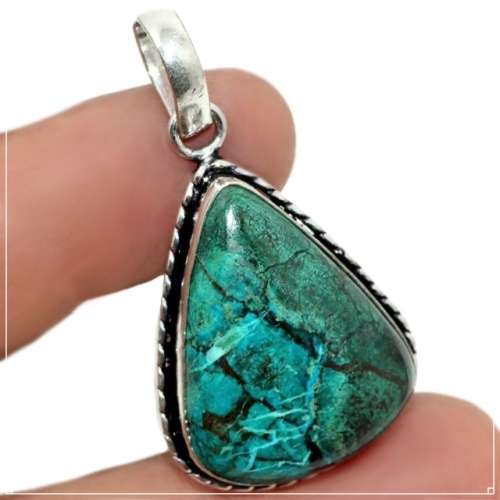 Natural Chrysocolla Malachite Pear Shape Gemstone set in.925 Sterling Silver Plated Handmade Pendant