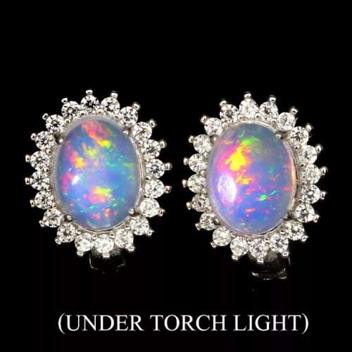 Natural Unheated Rainbow White Fire Opal set in  Solid .925 Sterling Silver 14K White Gold Earrings