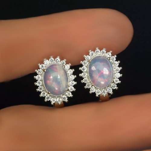 Natural Unheated Rainbow White Fire Opal set in  Solid .925 Sterling Silver 14K White Gold Earrings