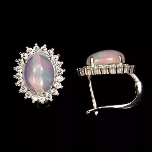 Natural Unheated Rainbow White Fire Opal set in  Solid .925 Sterling Silver 14K White Gold Earrings