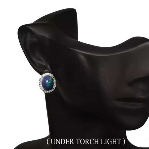 Deluxe Natural Unheated Rainbow Full Flash Black Fire Opal in Solid .925 Sterling Silver Earrings