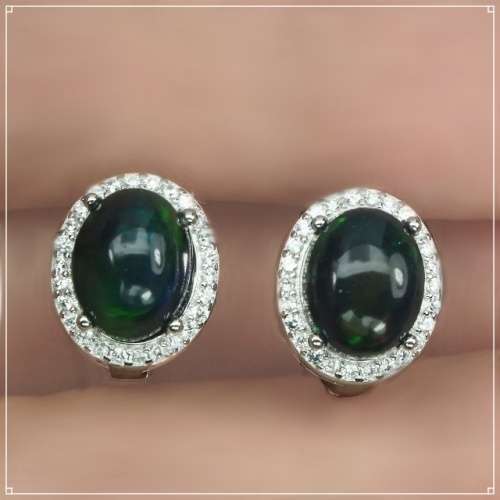 Deluxe Natural Unheated Rainbow Full Flash Black Fire Opal in Solid .925 Sterling Silver Earrings