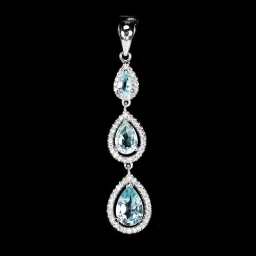 Deluxe Natural Blue Topaz Diamond Cut CZ Solid  925 Sterling Silver Pendant and Earrings Set