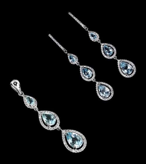 Deluxe Natural Blue Topaz Diamond Cut CZ Solid  925 Sterling Silver Pendant and Earrings Set