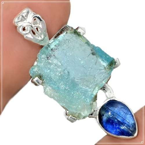 NATURAL AQUAMARINE ROUGH, KYANITE GEMSTONE SOLID .925 STERLING SILVER PENDANT