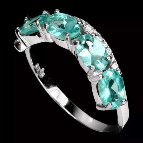 Deluxe Natural Apatite and White Cubic Zirconia Gemstone set in Solid .925 Silver Ring Size 6 / M