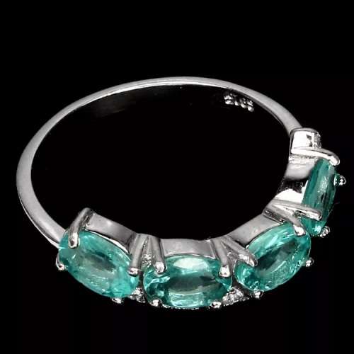Deluxe Natural Apatite and White Cubic Zirconia Gemstone set in Solid .925 Silver Ring Size 6 / M