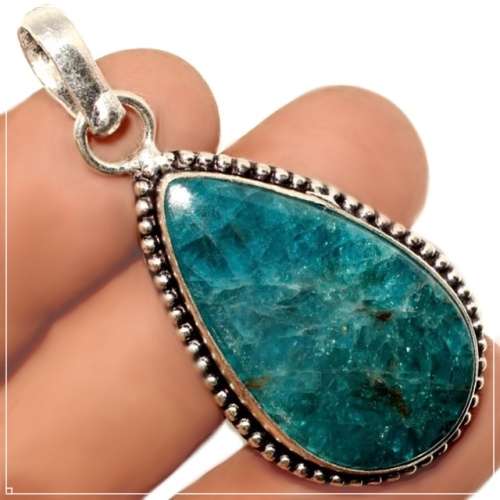 Natural Blue Apatite Pear Gemstone set in .925 Sterling Silver Plated Antique Style Pendant