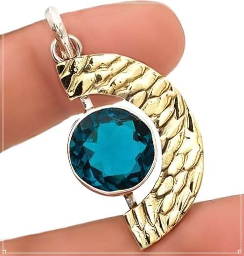 Two Tone Natural Neon Blue Apatite Solid .925 Sterling Silver Pendant