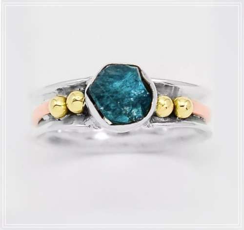 TWO TONE NATURAL NEON BLUE APATITE SOLID .925 STERLING SILVER RING SIZE 9