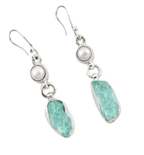 AQUAMARINE ROUGH, WHITE PEARL GEMSTONE SOLID .925 STERLING SILVER EARRINGS