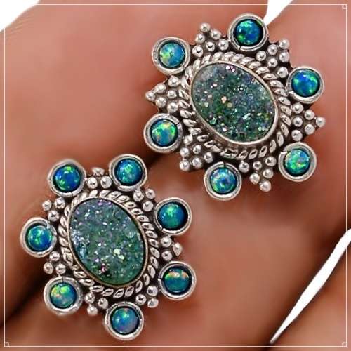 Marine Blue Aqua Druzy and Fire Opal Gemstone set in Solid .925 Sterling Silver Stud Earrings