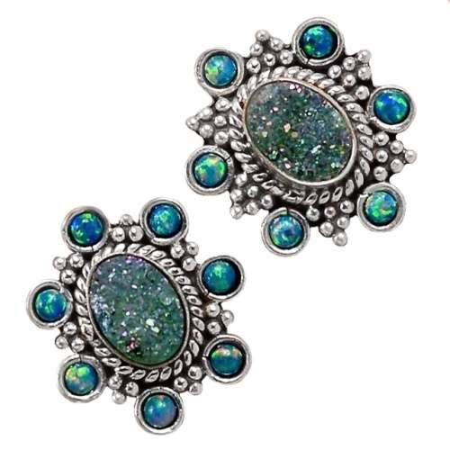 Marine Blue Aqua Druzy and Fire Opal Gemstone set in Solid .925 Sterling Silver Stud Earrings